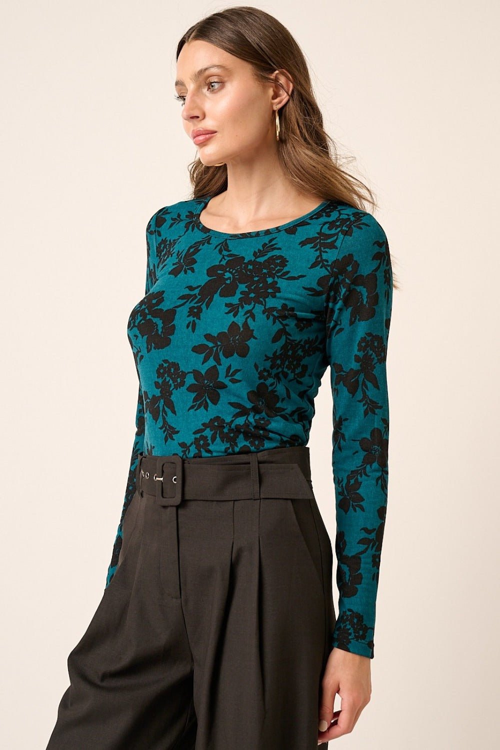 Mittoshop - Flower Print Long Sleeve Knit Top in Teal