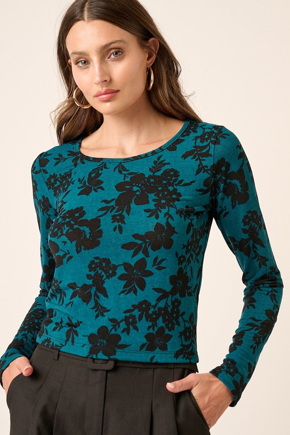 Mittoshop - Flower Print Long Sleeve Knit Top in Teal