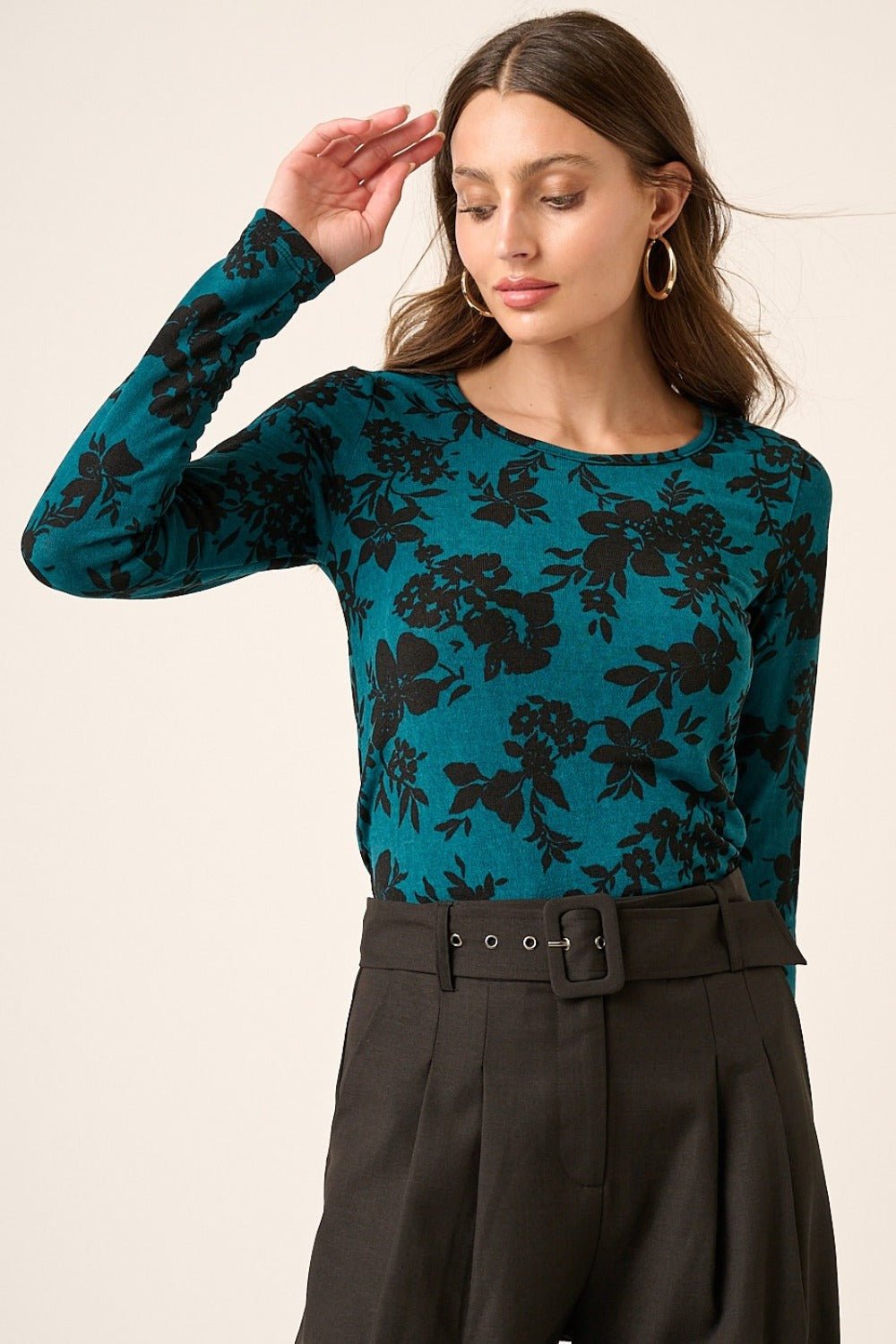 Mittoshop - Flower Print Long Sleeve Knit Top in Teal