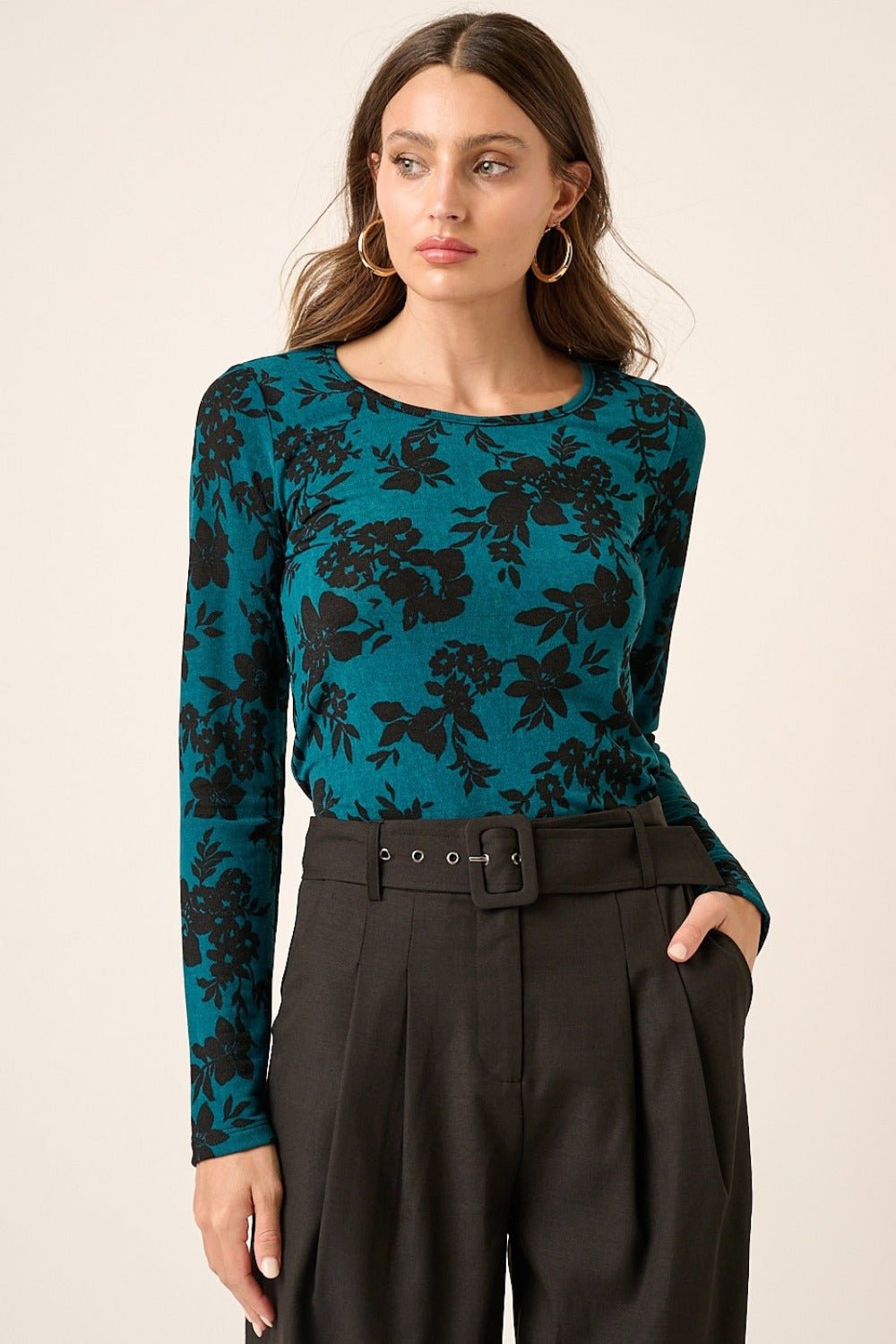 Mittoshop - Flower Print Long Sleeve Knit Top in Teal