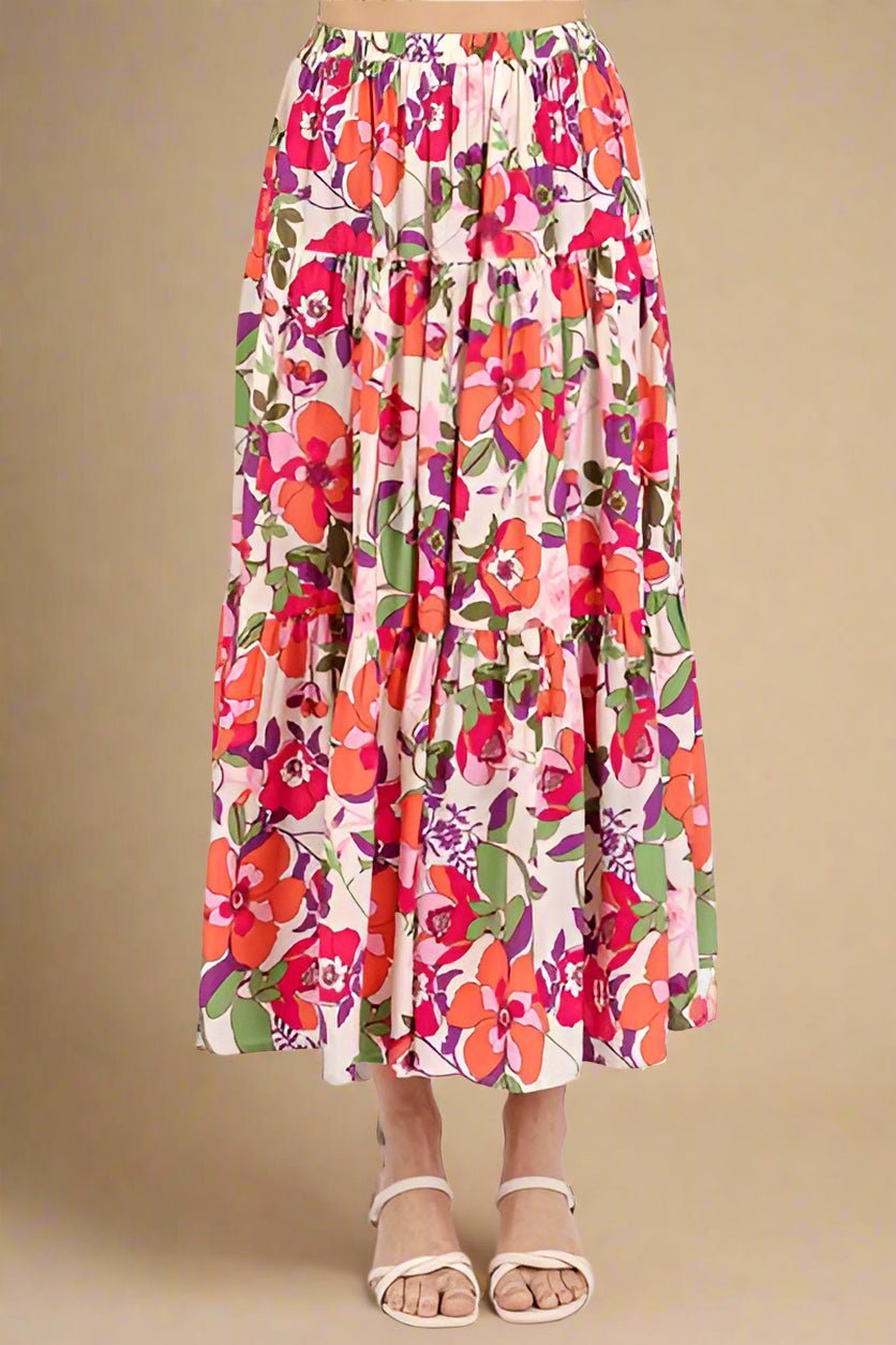 Mittoshop - Flower Print Midi Skirt in Coral