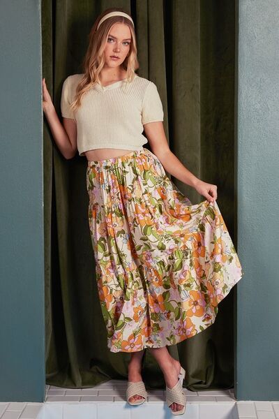 Mittoshop - Flower Print Midi Skirt in Tangerine