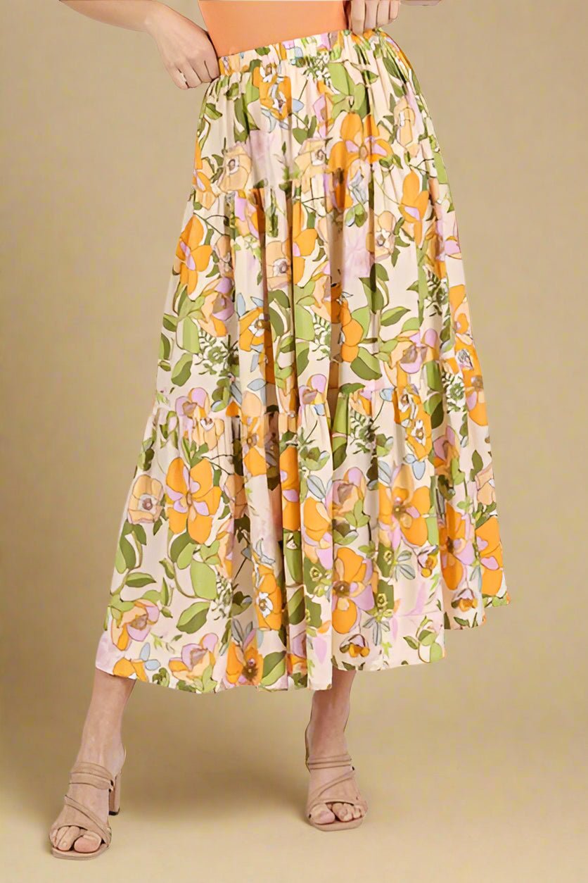 Mittoshop - Flower Print Midi Skirt in Tangerine