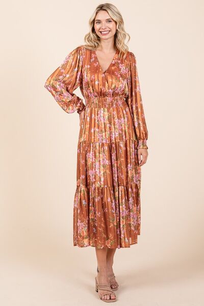 Mittoshop - Flower Print Satin Midi Dress in Terracotta
