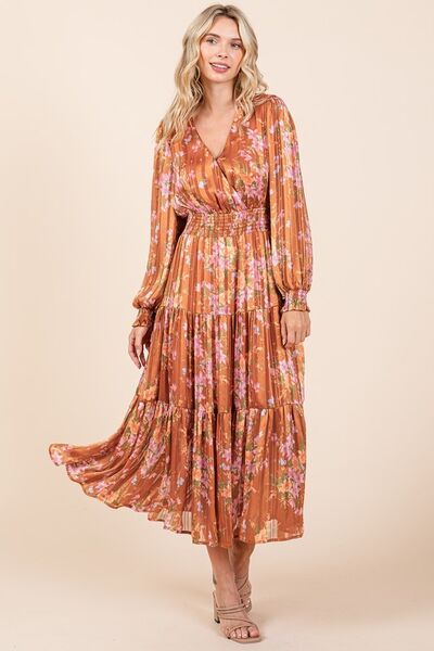 Mittoshop - Flower Print Satin Midi Dress in Terracotta