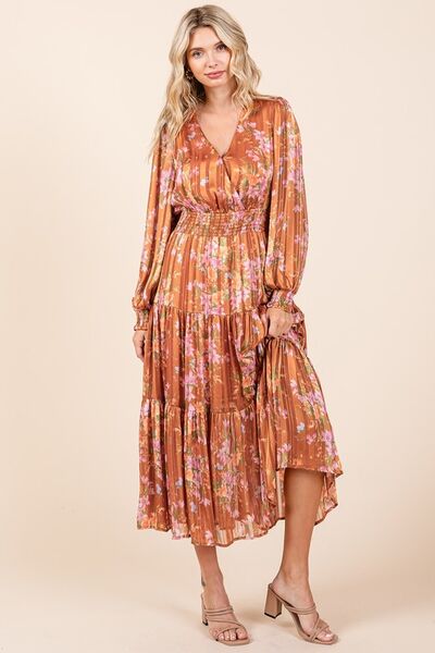 Mittoshop - Flower Print Satin Midi Dress in Terracotta