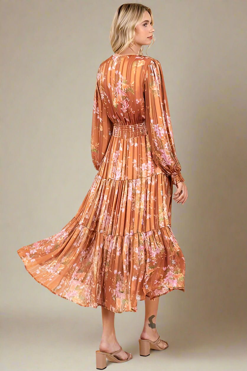 Mittoshop - Flower Print Satin Midi Dress in Terracotta