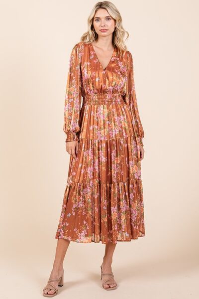 Mittoshop - Flower Print Satin Midi Dress in Terracotta