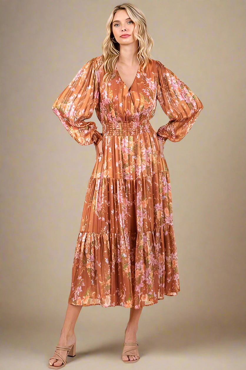 Mittoshop - Flower Print Satin Midi Dress in Terracotta