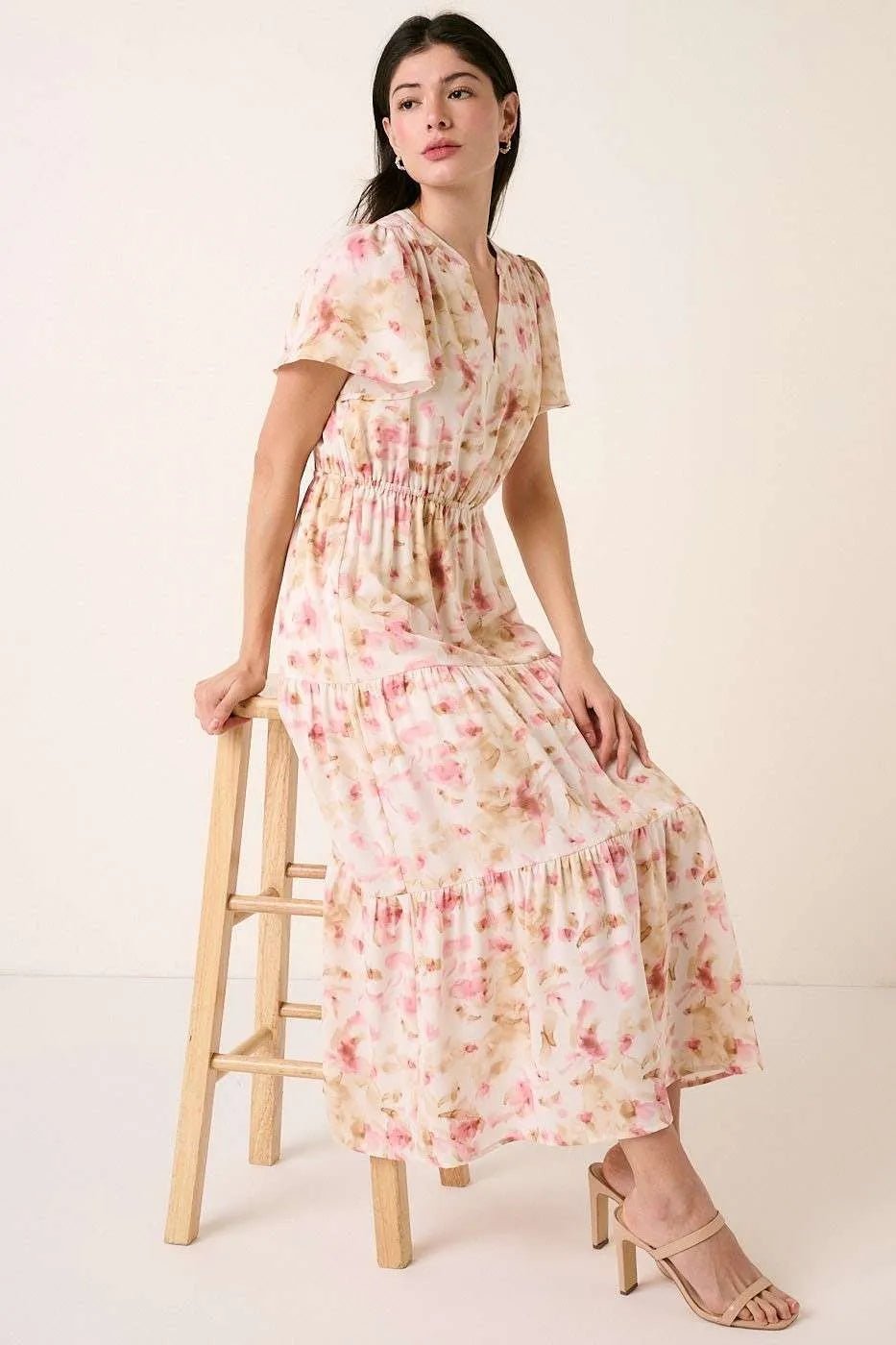 Mittoshop - Flutter Sleeve Tiered Midi Dress in Blush & Beige Floral