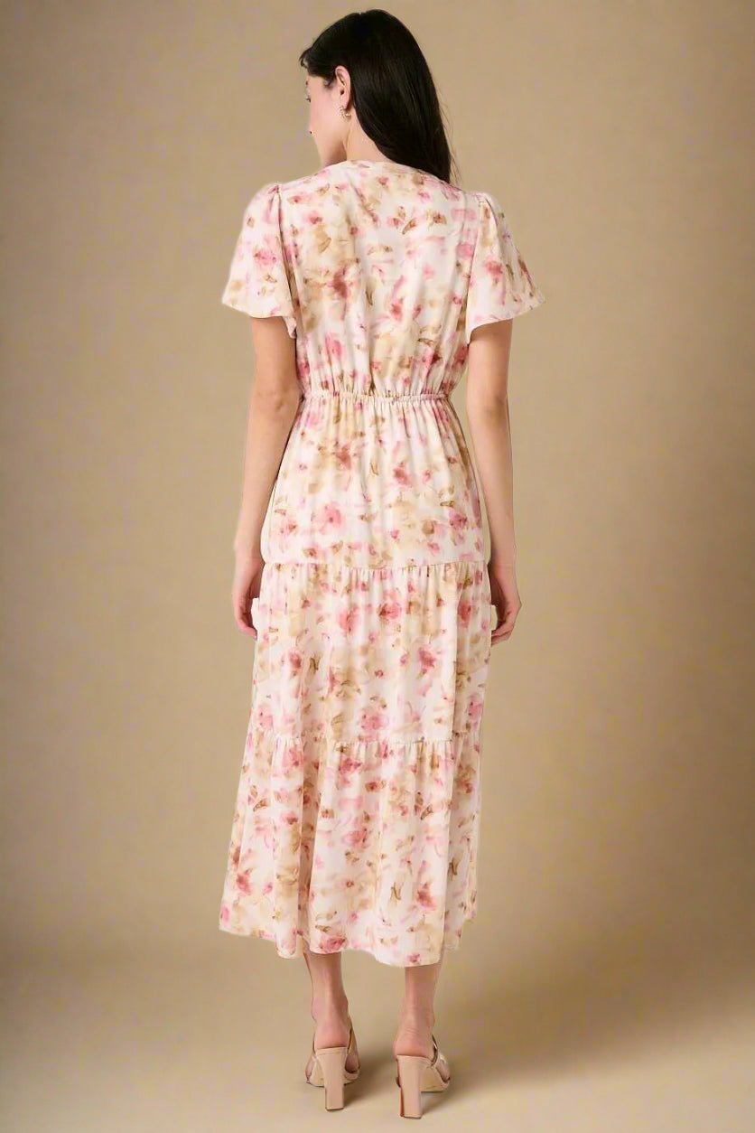 Mittoshop - Flutter Sleeve Tiered Midi Dress in Blush & Beige Floral