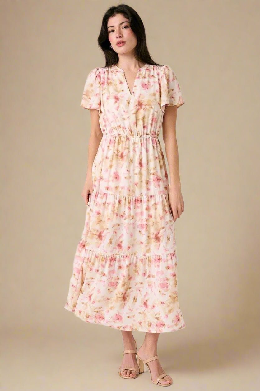 Mittoshop - Flutter Sleeve Tiered Midi Dress in Blush & Beige Floral