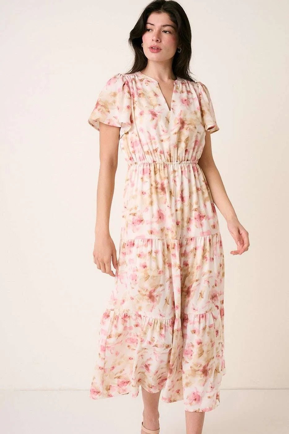 Mittoshop - Flutter Sleeve Tiered Midi Dress in Blush & Beige Floral