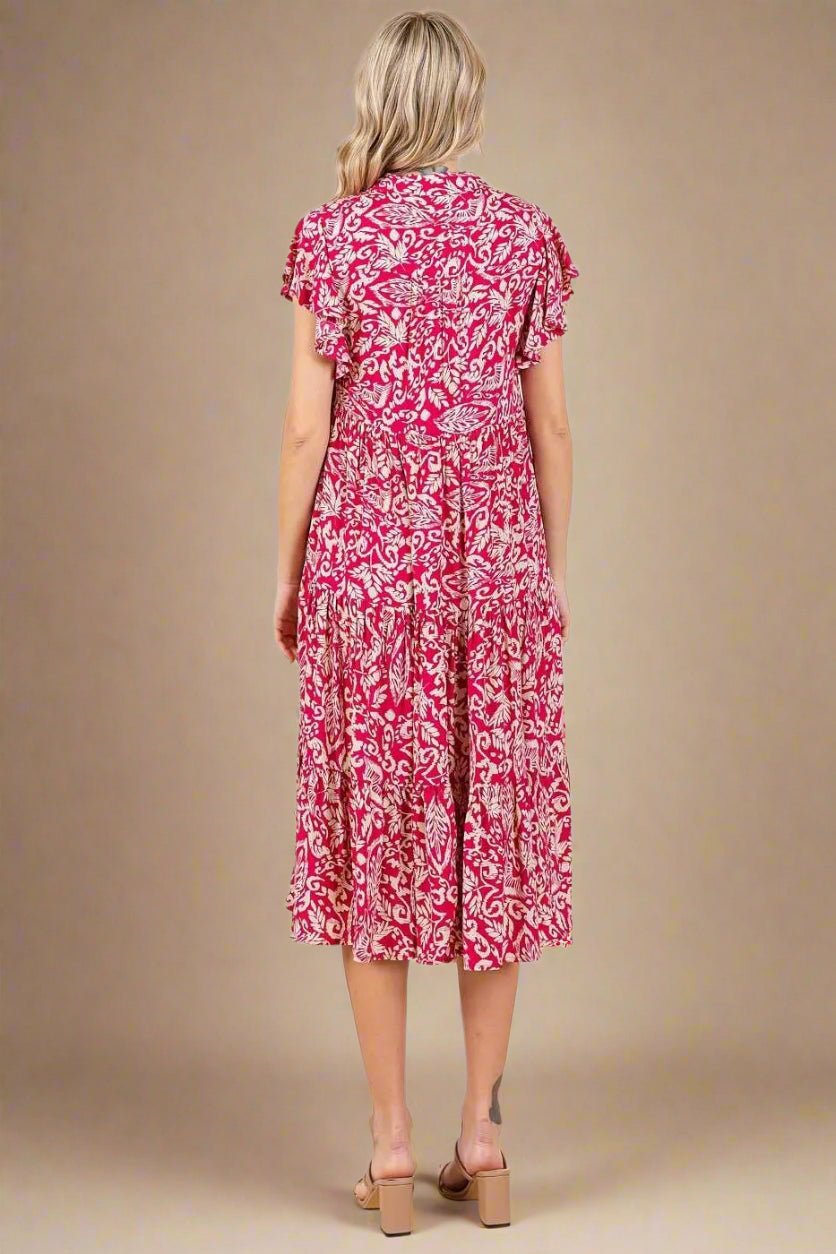 Mittoshop - Flutter Sleeve Tiered Midi Dress in Fuchsia & Cream
