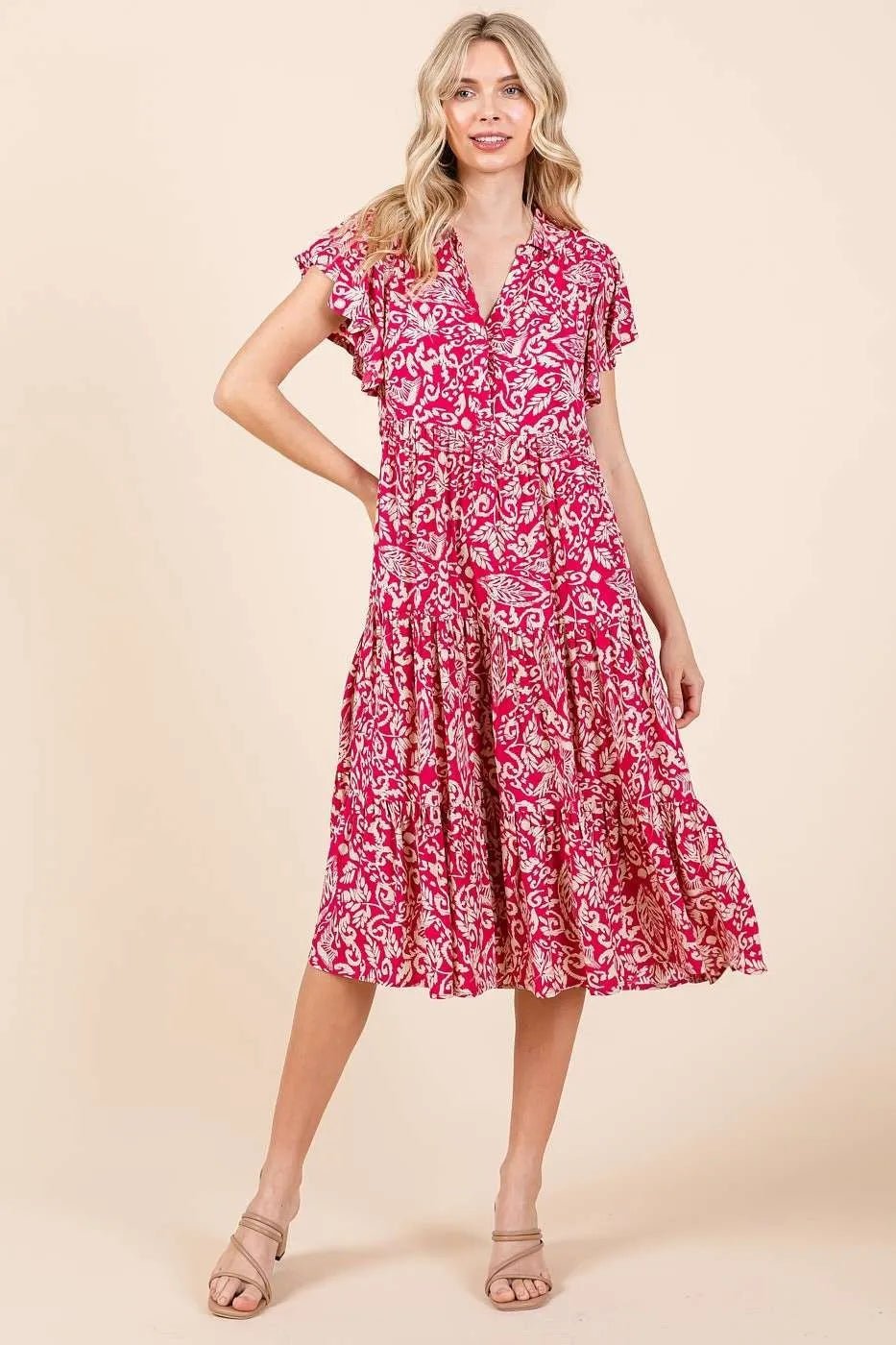Mittoshop - Flutter Sleeve Tiered Midi Dress in Fuchsia & Cream