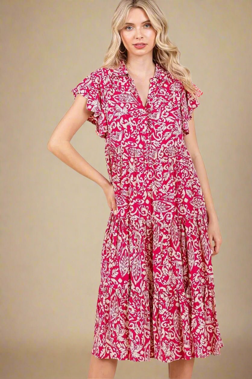 Mittoshop - Flutter Sleeve Tiered Midi Dress in Fuchsia & Cream