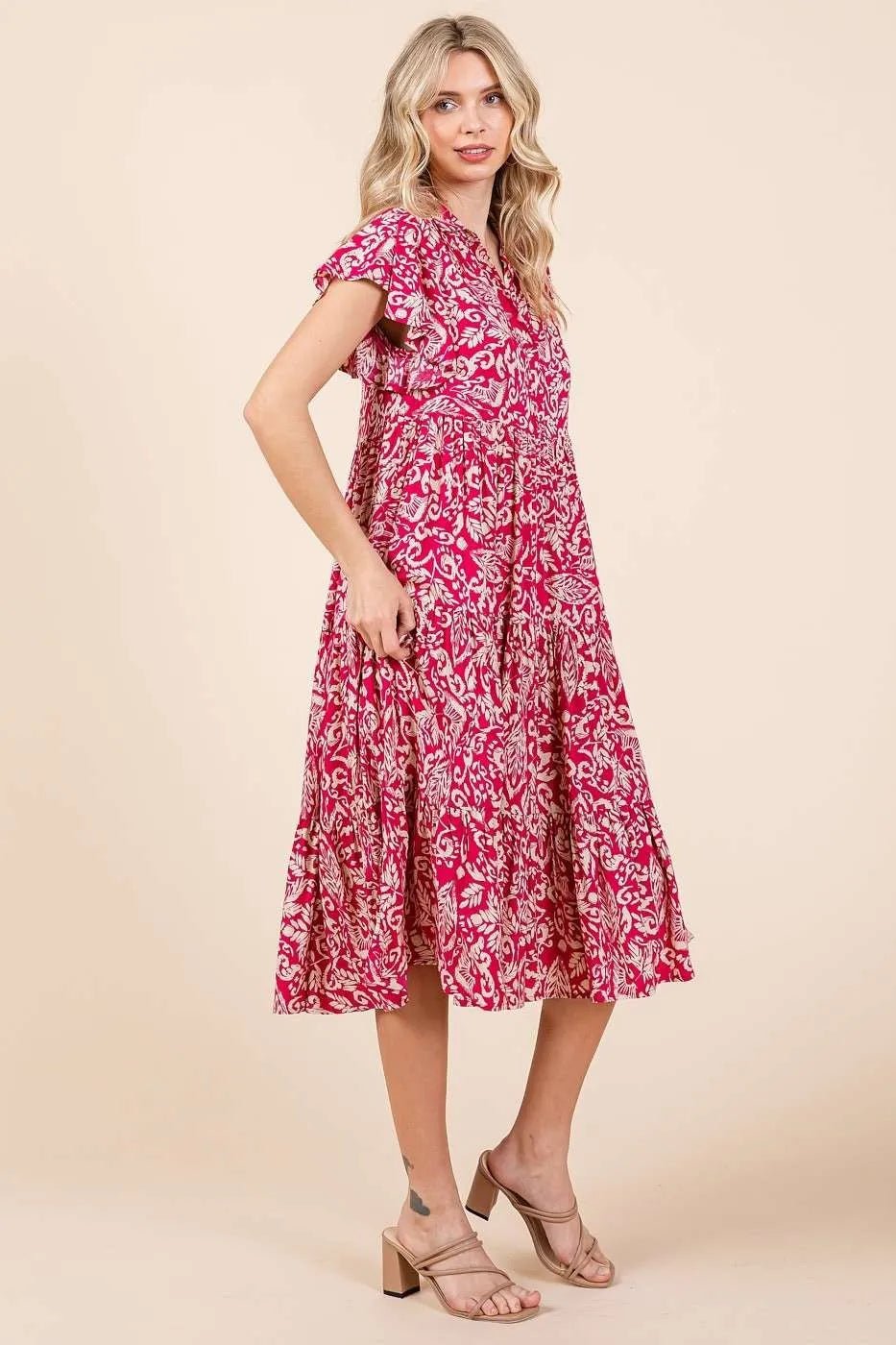 Mittoshop - Flutter Sleeve Tiered Midi Dress in Fuchsia & Cream