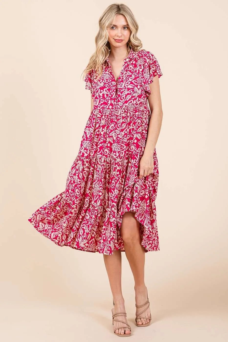 Mittoshop - Flutter Sleeve Tiered Midi Dress in Fuchsia & Cream