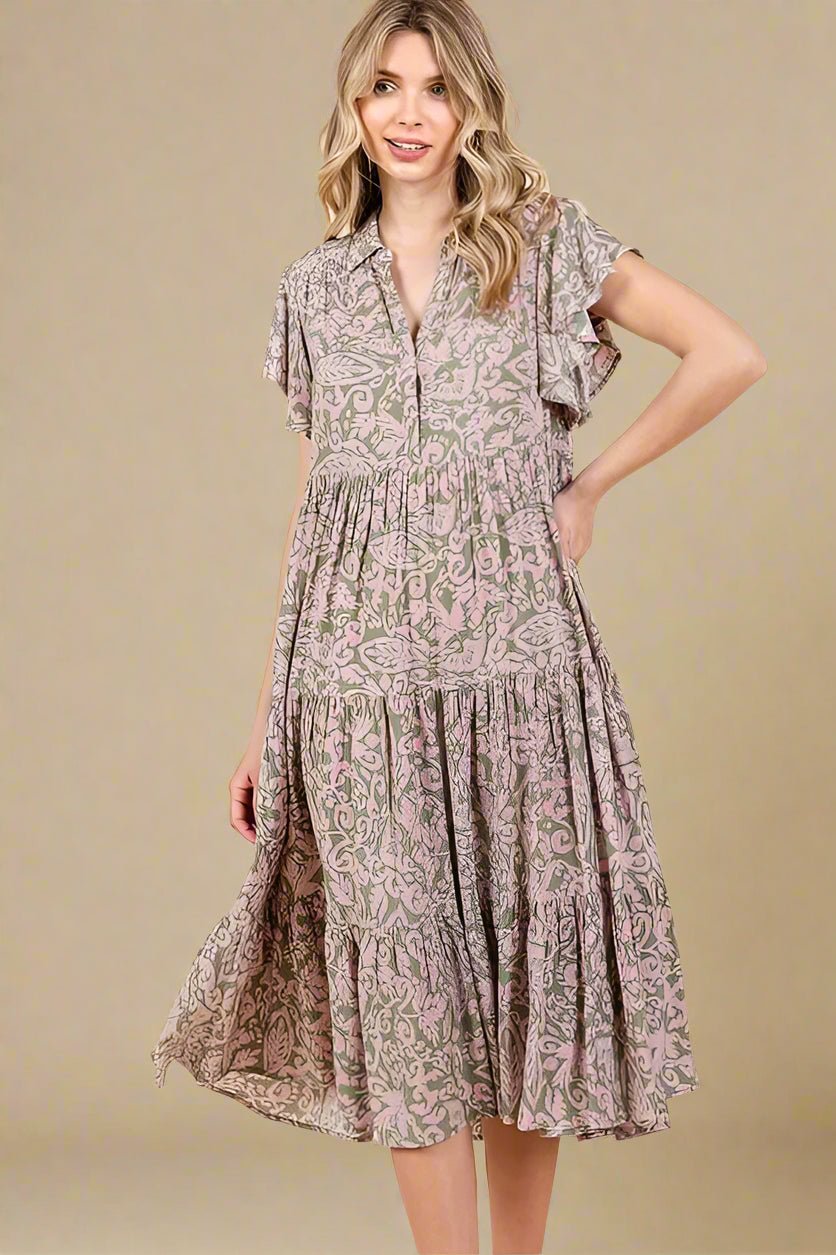 Mittoshop - Flutter Sleeve Tiered Midi Dress in Sage & Mauve