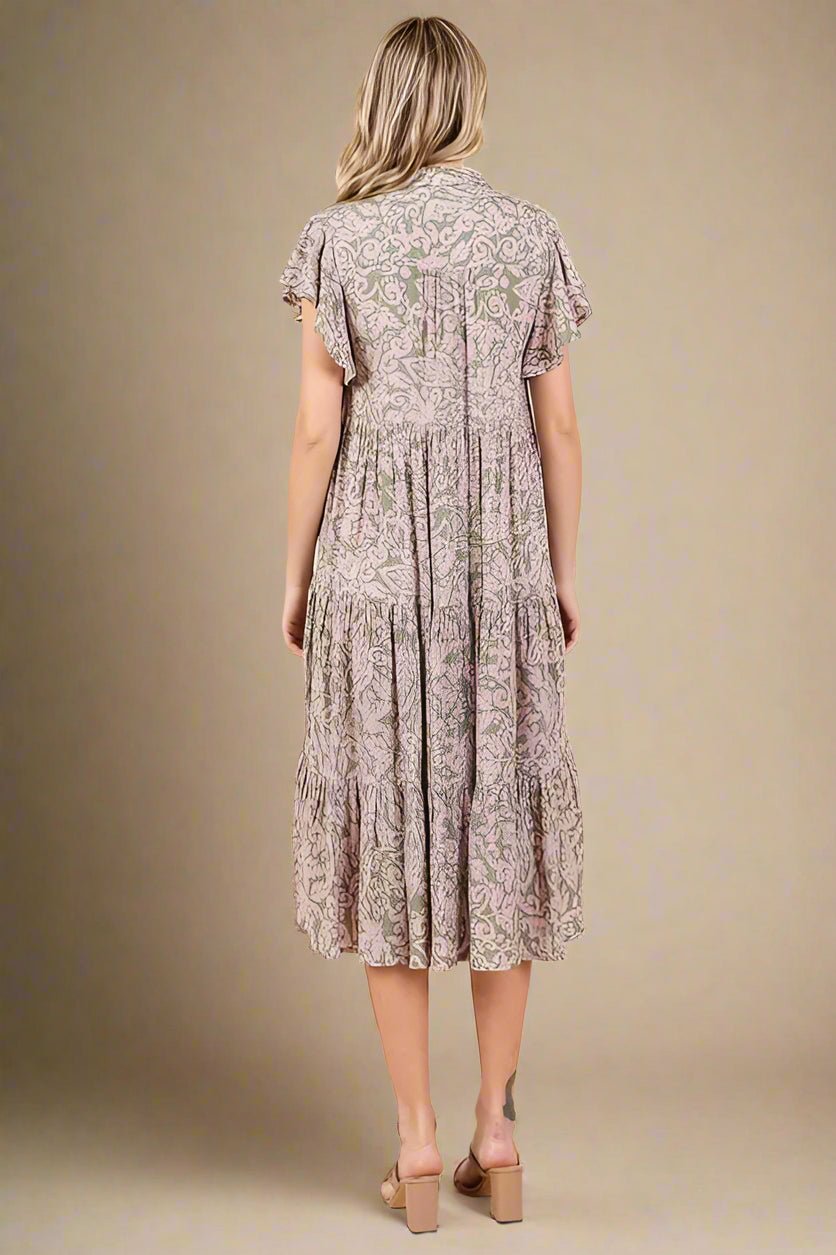 Mittoshop - Flutter Sleeve Tiered Midi Dress in Sage & Mauve