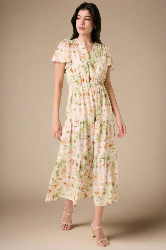 Mittoshop - Flutter Sleeve Tiered Midi Dress in Soft Peach Floral