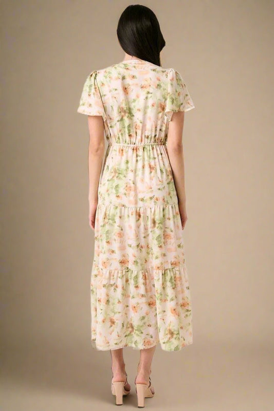 Mittoshop - Flutter Sleeve Tiered Midi Dress in Soft Peach Floral