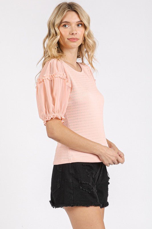 Mittoshop - Frill Trim Short Sleeve Blouse in Peach
