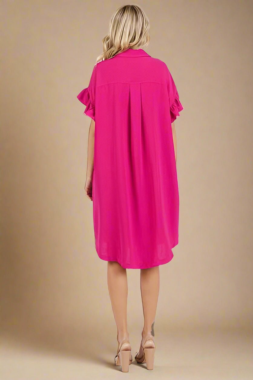 Mittoshop - Fuchsia Pink Ruffle Sleeve Mini Shirt Dress