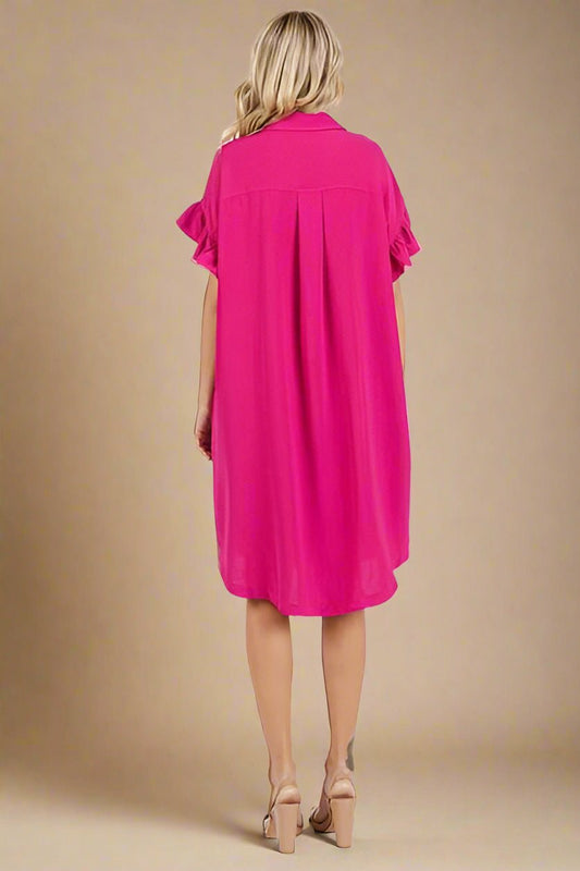 Mittoshop - Fuchsia Pink Ruffle Sleeve Mini Shirt Dress
