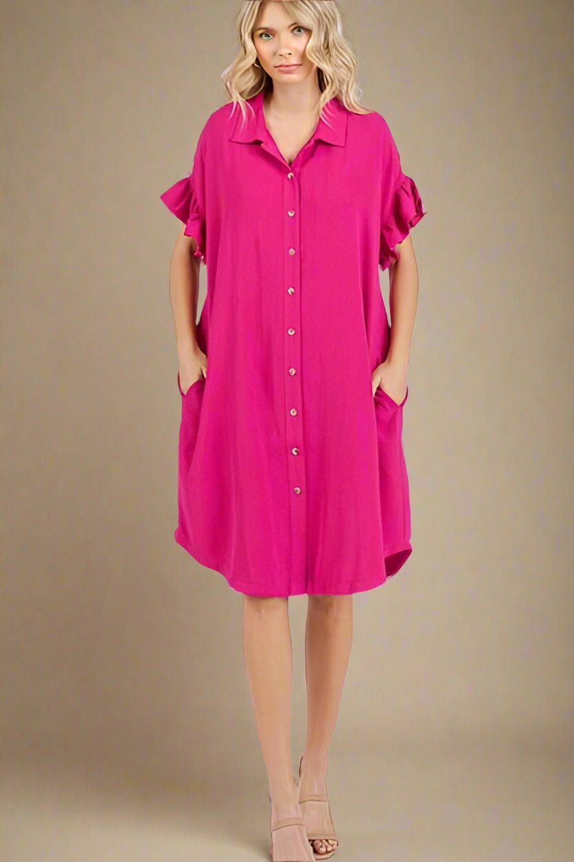 Mittoshop - Fuchsia Pink Ruffle Sleeve Mini Shirt Dress