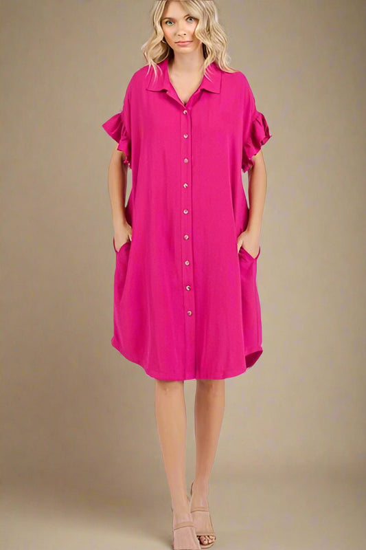 Mittoshop - Fuchsia Pink Ruffle Sleeve Mini Shirt Dress