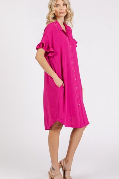 Mittoshop - Fuchsia Pink Ruffle Sleeve Mini Shirt Dress