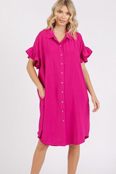 Mittoshop - Fuchsia Pink Ruffle Sleeve Mini Shirt Dress