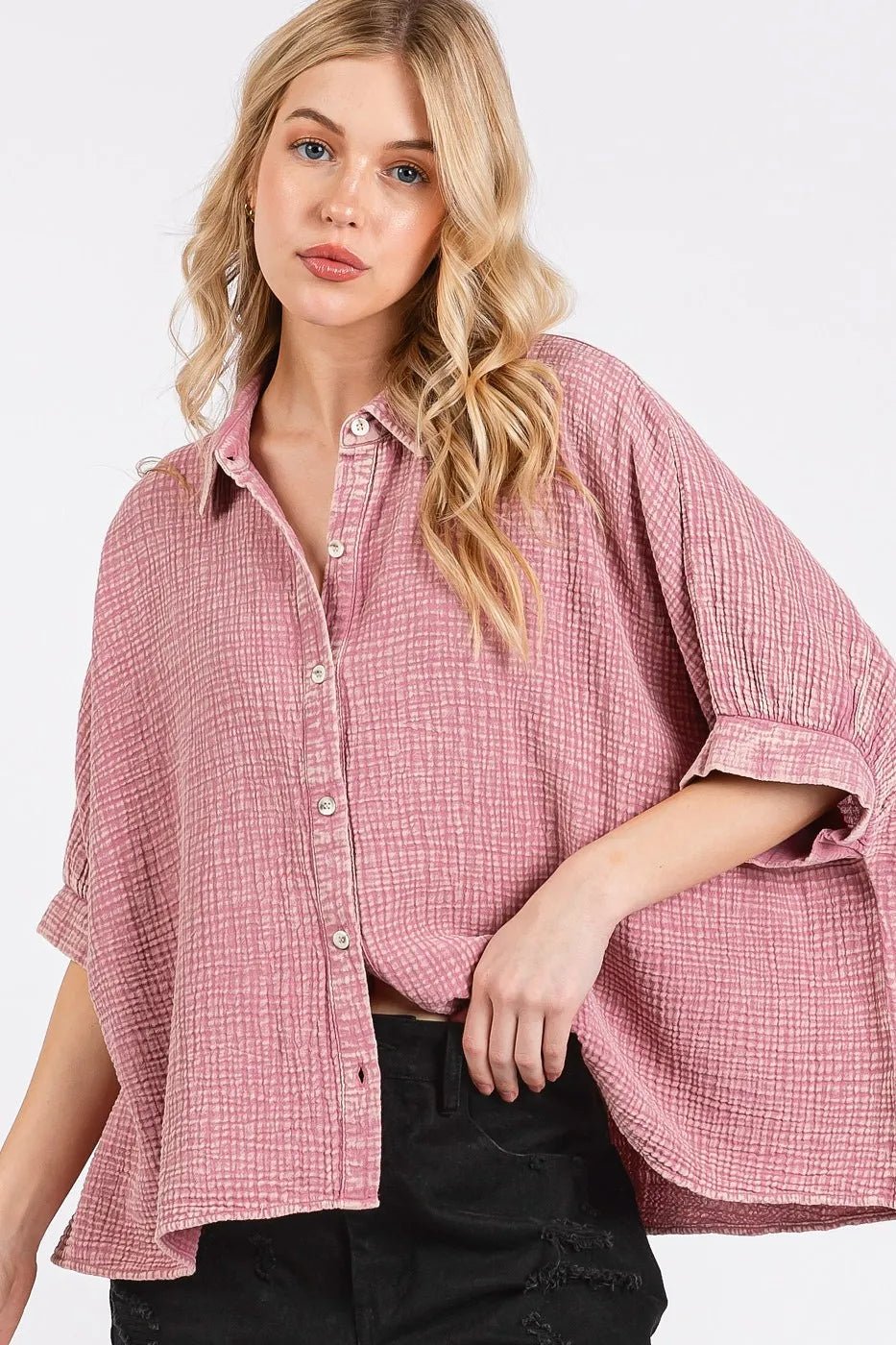 Mittoshop - Gauze Button Down Shirt – Washed Rosewood Pink
