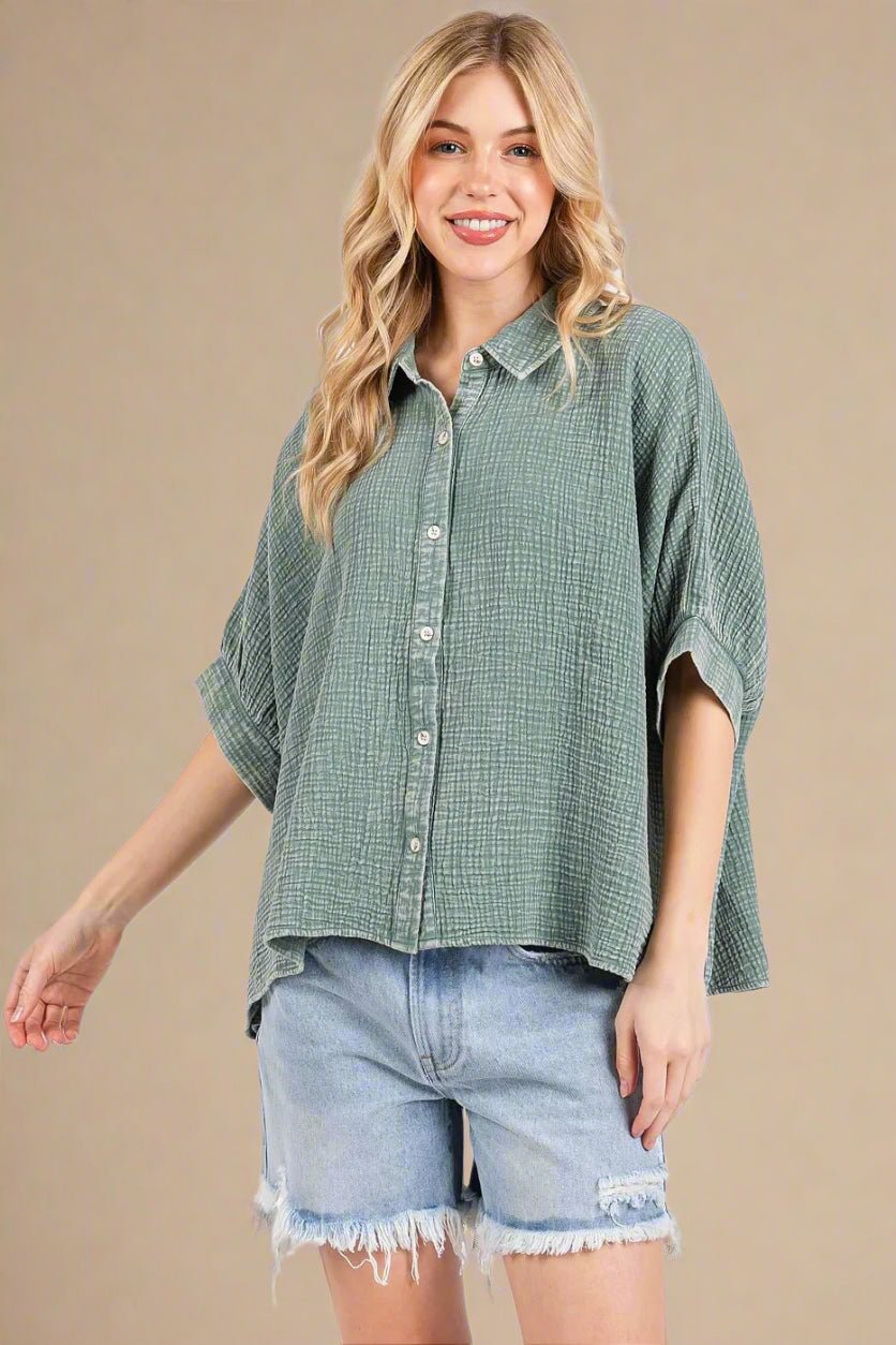 Mittoshop - Gauze Button Down Shirt – Washed Sage Green