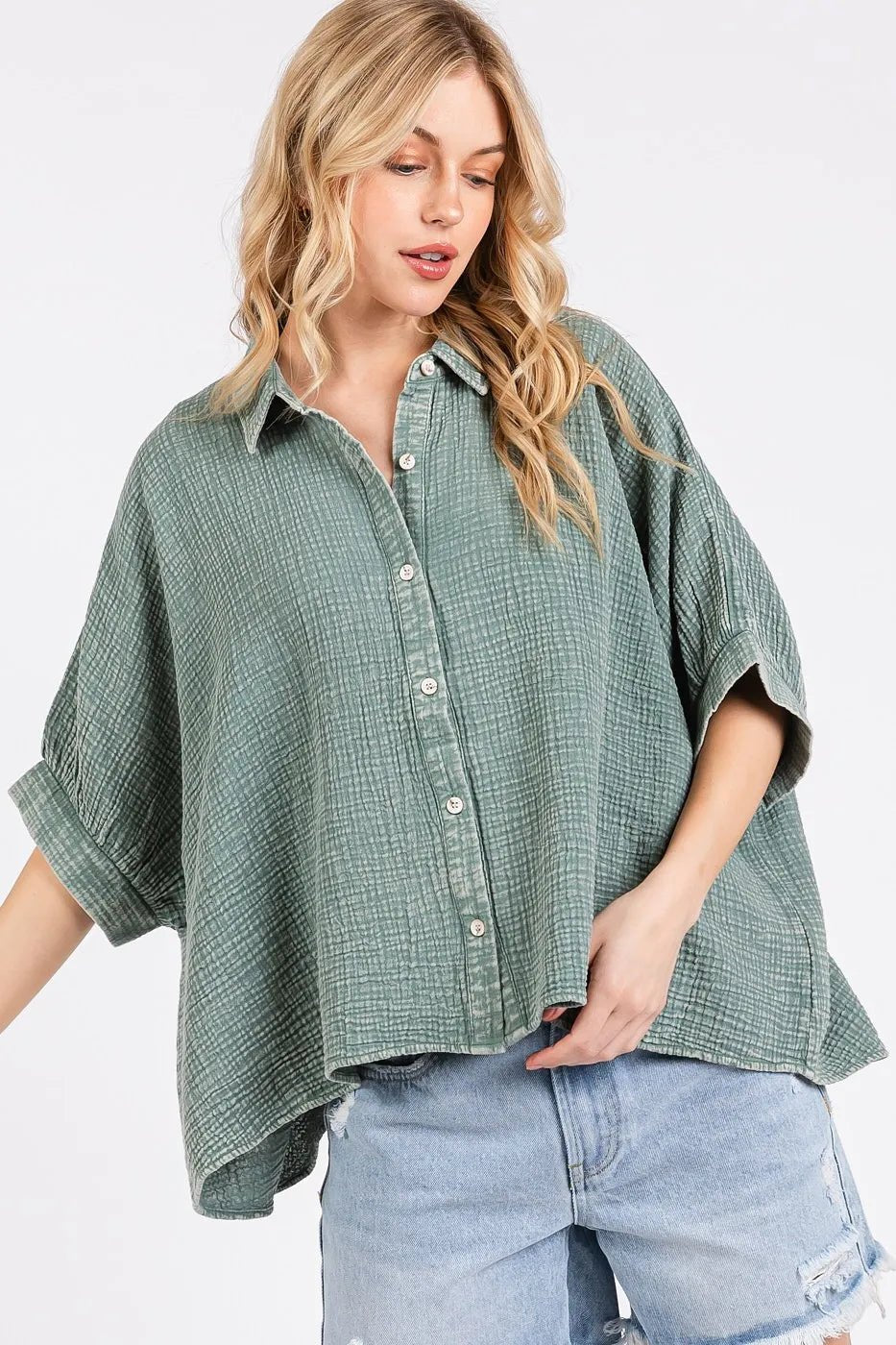 Mittoshop - Gauze Button Down Shirt – Washed Sage Green