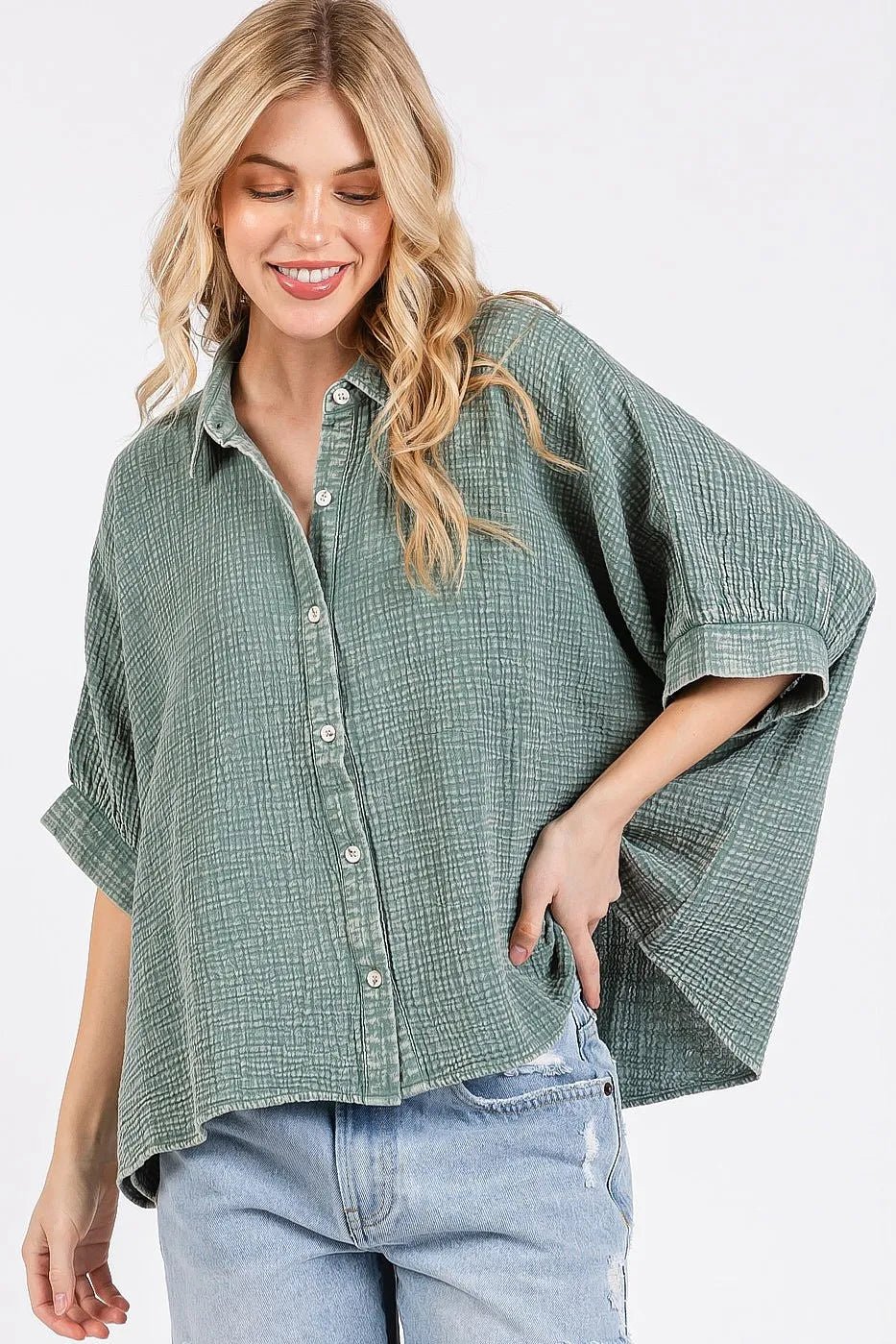 Mittoshop - Gauze Button Down Shirt – Washed Sage Green