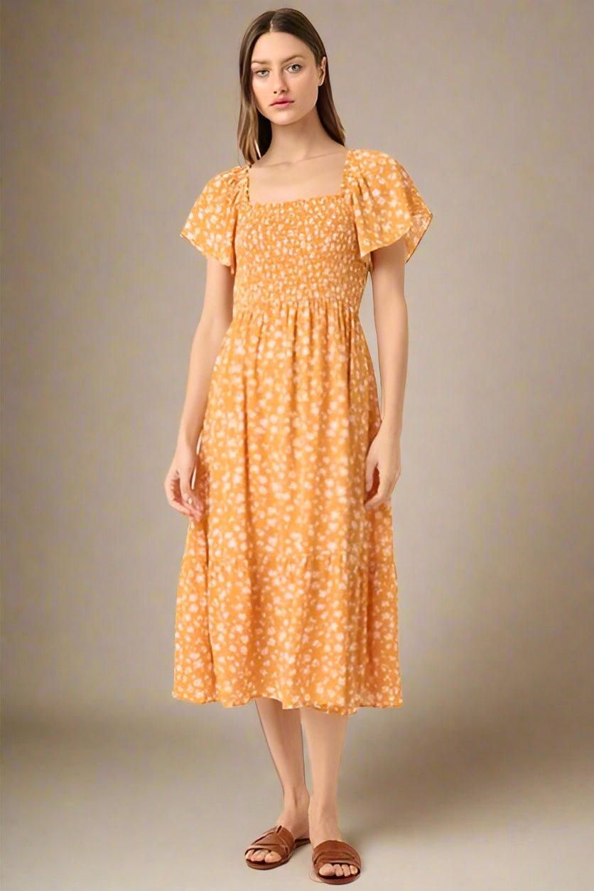 Mittoshop - Gold Floral Flutter Sleeve Midi Dress