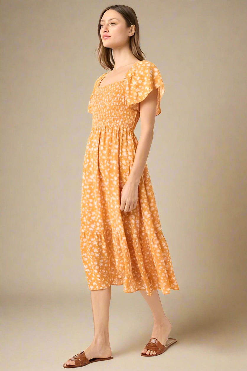 Mittoshop - Gold Floral Flutter Sleeve Midi Dress