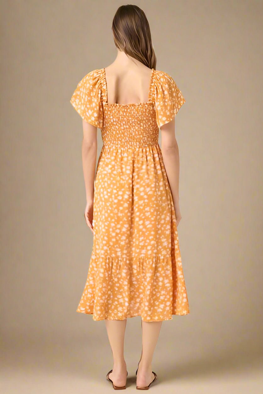 Mittoshop - Gold Floral Flutter Sleeve Midi Dress