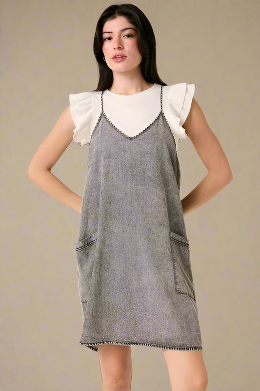 Mittoshop - Gray Wash Sleeveless Denim Mini Dress