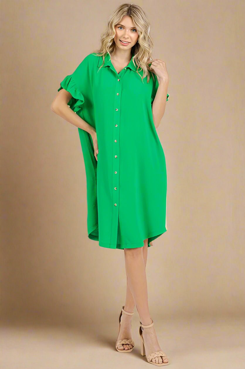 Mittoshop - Green Button Down Flounce Sleeve Mini Dress