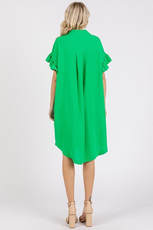 Mittoshop - Green Button Down Flounce Sleeve Mini Dress