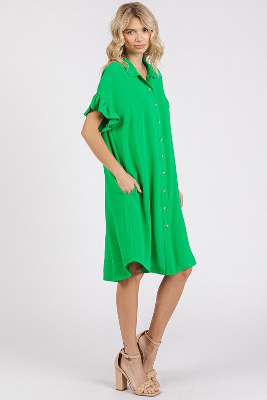 Mittoshop - Green Button Down Flounce Sleeve Mini Dress