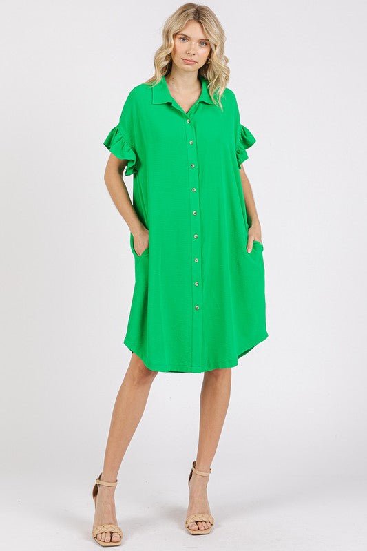 Mittoshop - Green Button Down Flounce Sleeve Mini Dress
