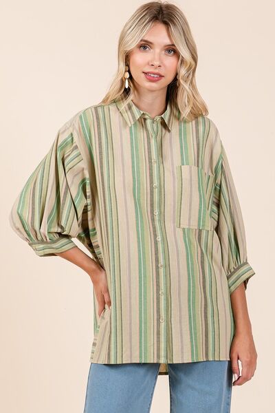 Mittoshop - Green Tea Striped Bubble Sleeve Shirt