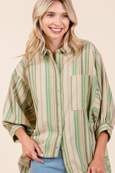 Mittoshop - Green Tea Striped Bubble Sleeve Shirt