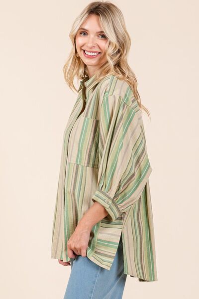 Mittoshop - Green Tea Striped Bubble Sleeve Shirt