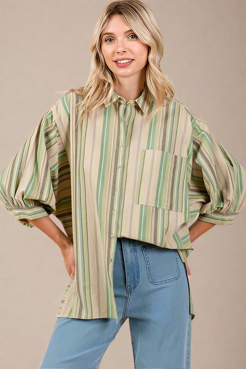 Mittoshop - Green Tea Striped Bubble Sleeve Shirt