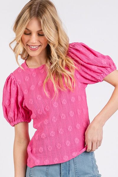 Mittoshop - Hot Pink Floral Jacquard Short Sleeve Top